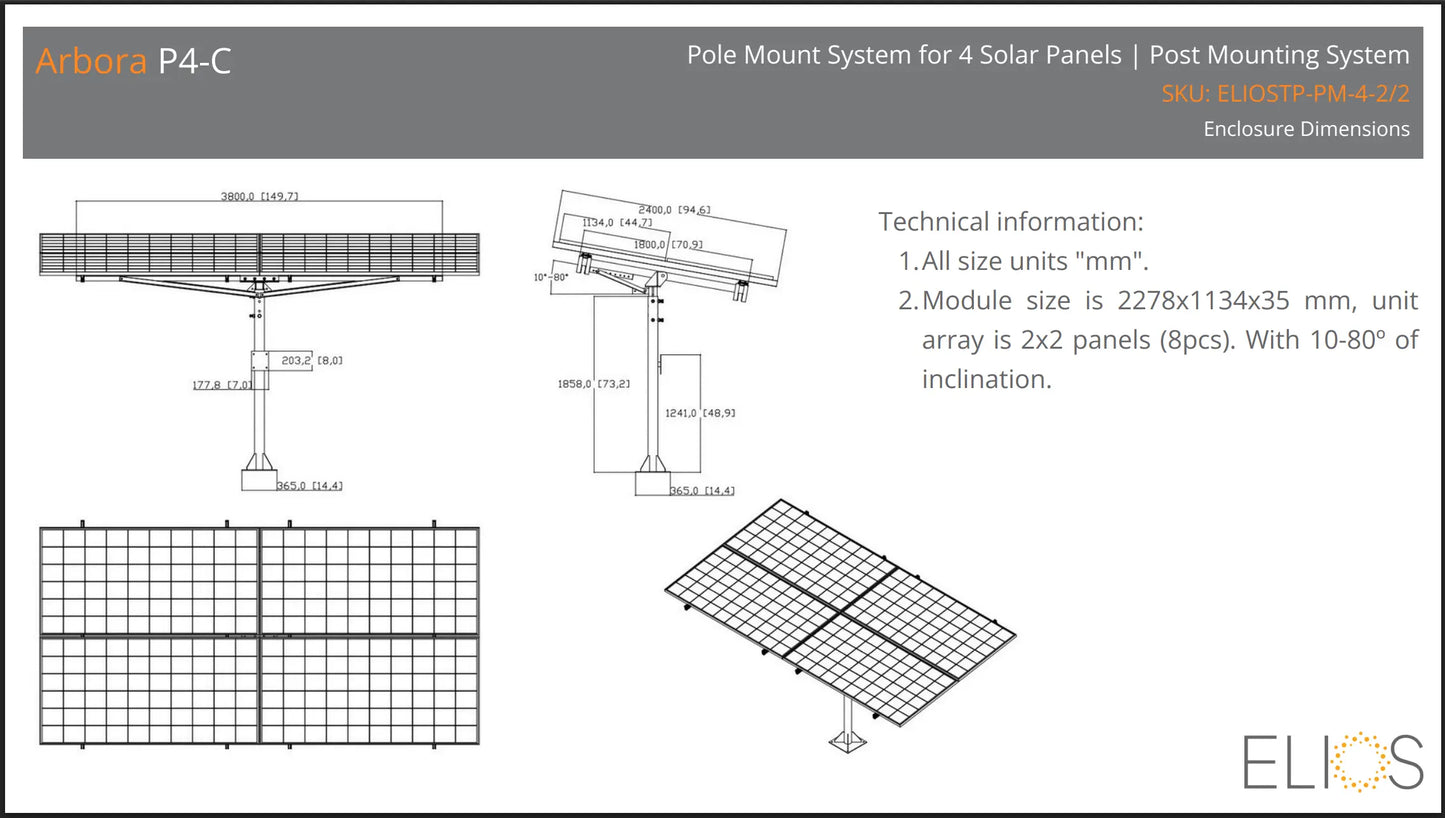 Elios Arbora P4-C – Système de montage sur poteau pour 4 panneaux (acier galvanisé, rails aluminium, garantie 5 ans) Boutique Solaire Québec