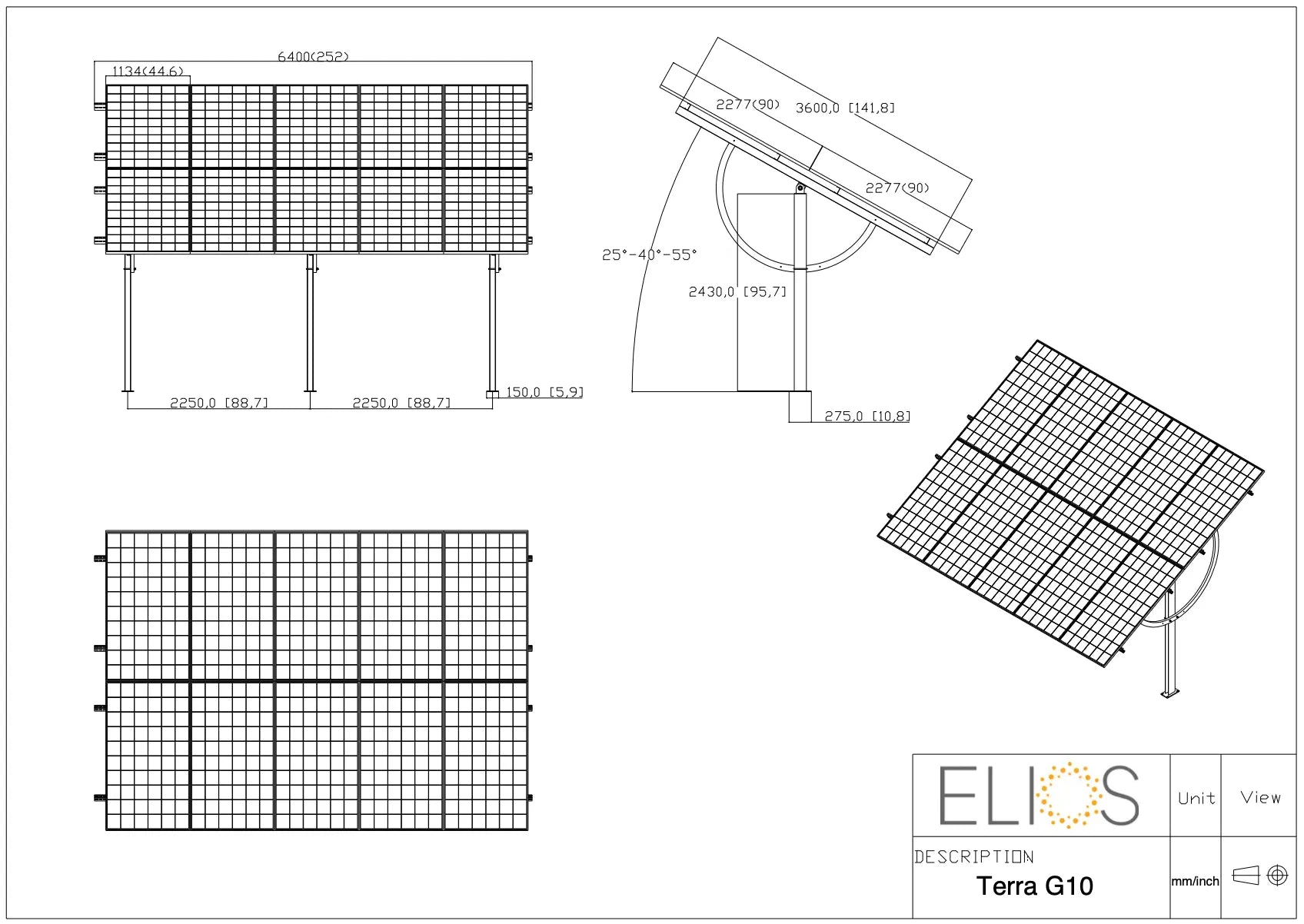 Elios Terra G10 – Support de montage au sol réglable pour 10 panneaux (acier HDG, inclinaison 25-55°, garantie 5 ans) Boutique Solaire Québec