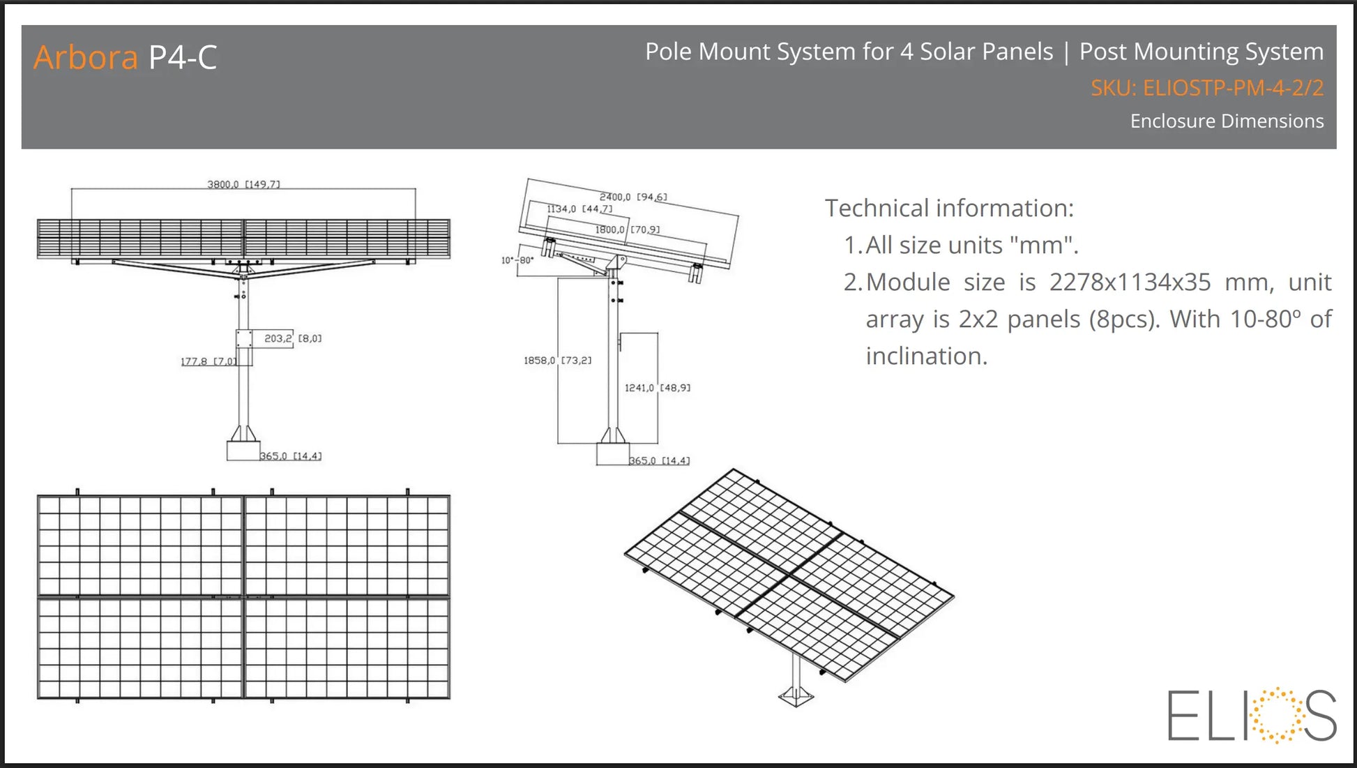 Elios Arbora P4-C – Système de montage sur poteau pour 4 panneaux (acier galvanisé, rails aluminium, garantie 5 ans) Boutique Solaire Québec